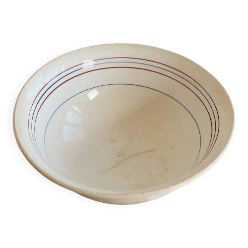 Saladier ancien en terre de fer Céranord Saint-Amand – Liseré rouge et bleu