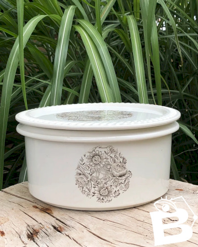 Saladier vintage avec couvercle en faïence en excellent état  Blanc motifs fleurs marrons