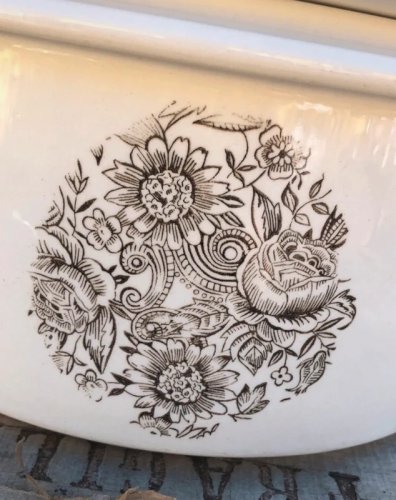 Saladier vintage avec couvercle en faïence en excellent état  Blanc motifs fleurs marrons