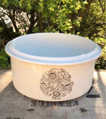 Saladier vintage avec couvercle en faïence en excellent état  Blanc motifs fleurs marrons