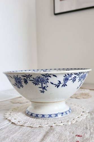 Saladier vintage porcelaine Dresden - Motif fleuri bleu et blanc