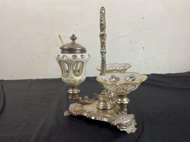 SALERON DOUBLE MOUTARDIER EN VERRE overlay dessus or ,ARGENT POINCON allemand