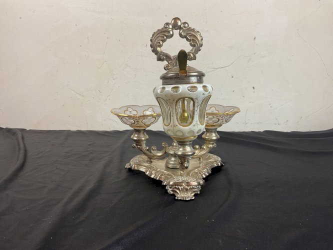 SALERON DOUBLE MOUTARDIER EN VERRE overlay dessus or ,ARGENT POINCON allemand