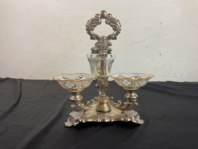 SALERON DOUBLE MOUTARDIER EN VERRE overlay dessus or ,ARGENT POINCON allemand