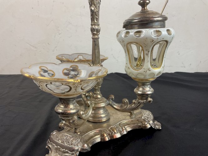 SALERON DOUBLE MOUTARDIER EN VERRE overlay dessus or ,ARGENT POINCON allemand