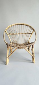 Living room, 1960s rattan shell armchairs
