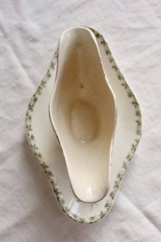 Saucière ancienne terre de fer ivoire décor vert floral et papillons