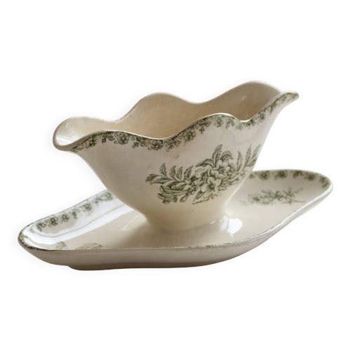 Saucière ancienne terre de fer ivoire décor vert floral et papillons