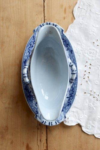 Saucière faïence anciennes Sarreguemines U&C modèle Mimosa bleu