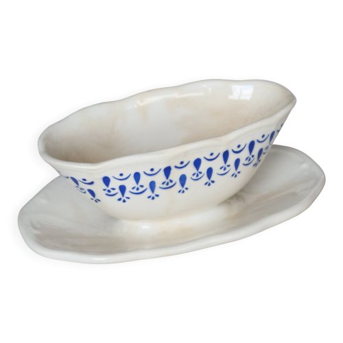 Saucière vintage faïence bleue & blanche – Boch La Louvière