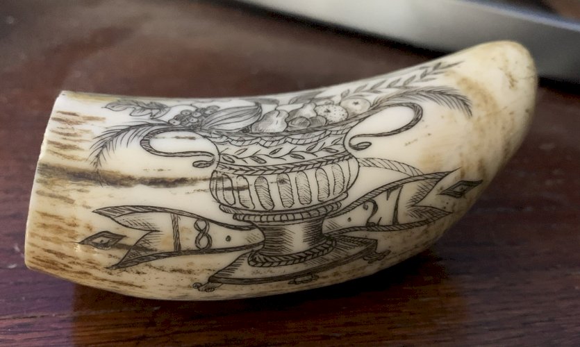 Scrimshaw en résine réplica Whaler lion 1827 marins bateau dent