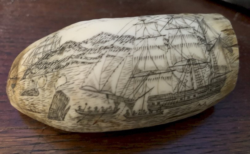 Scrimshaw en résine réplica Whaler lion 1827 marins bateau dent