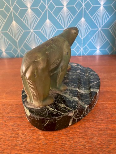 Sculpture animalière art déco, ours en régule, encrier et socle en marbre portor