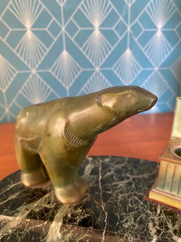 Sculpture animalière art déco, ours en régule, encrier et socle en marbre portor