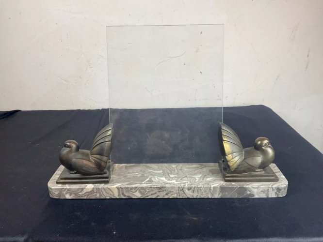 Sculpture Art Déco Cadre photo oiseaux en régule sur marbre grande taille