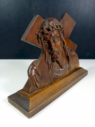 Sculpture bois LA TÊTE DE JESUS sur socle signée Bastian D - 19 x 25,5 x 6,7 cm