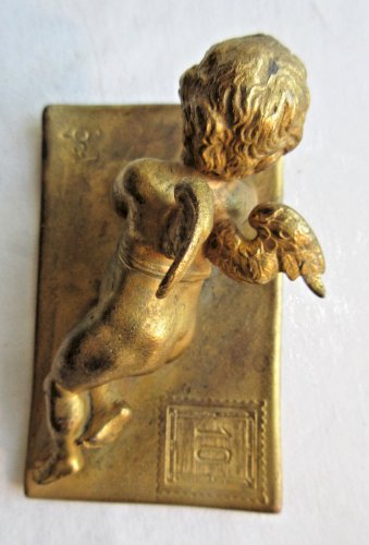 Sculpture bronze doré XIXème, Angelot écrivant une lettre d'amour