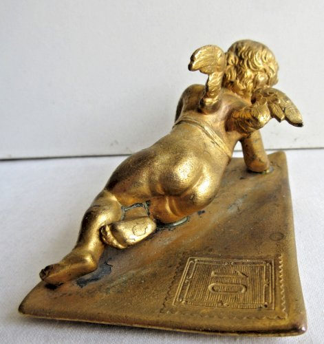 Sculpture bronze doré XIXème, Angelot écrivant une lettre d'amour