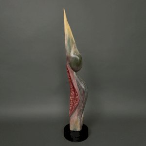 Wood sculpture by Calin Hentea XXth woman with bird M3481