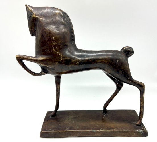 Sculpture en bronze cheval stylisé – Art moderne brutalisme – 24 cm patiné