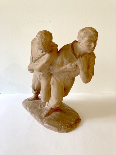 Sculpture en terre "Les haleurs", signée JC Guéro, années 1920-30
