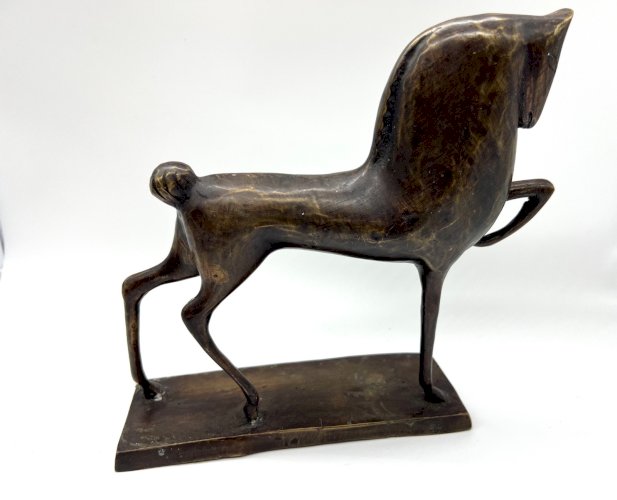 Sculpture moderne en bronze – Cheval stylisé – Esprit brutaliste – 23 x 24 cm