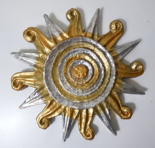 Sculpture murale relief Soleil Sun papier maché or et argent Vintage