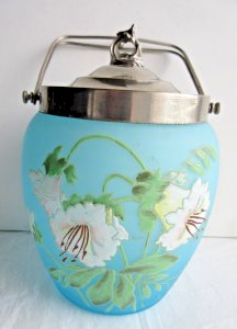 Art Nouveau Biscuit Barrel - Décor, blue enameled glass Legras with white Hibiscus