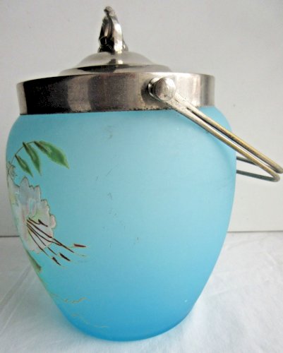 Seau à biscuits Art Nouveau - Déco, verre bleu émaillé Legras d'Hibiscus blancs