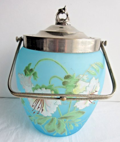 Seau à biscuits Art Nouveau - Déco, verre bleu émaillé Legras d'Hibiscus blancs