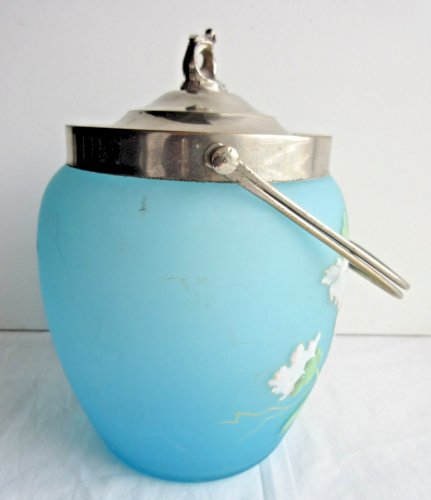 Seau à biscuits Art Nouveau - Déco, verre bleu émaillé Legras d'Hibiscus blancs