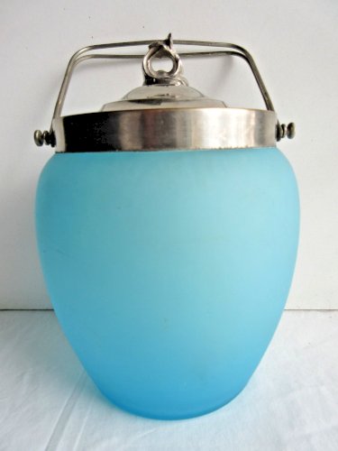 Seau à biscuits Art Nouveau - Déco, verre bleu émaillé Legras d'Hibiscus blancs