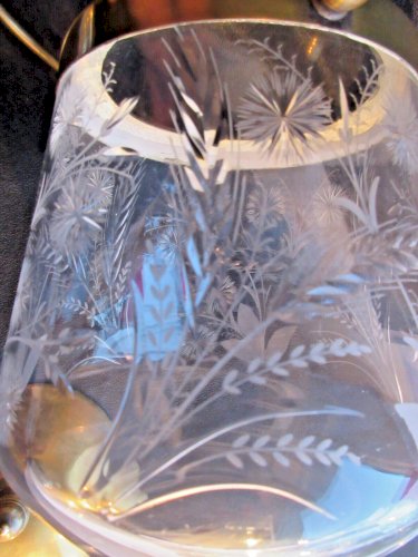 Seau à biscuits Art Nouveau, pot en cristal ciselé de blé, armature métal doré