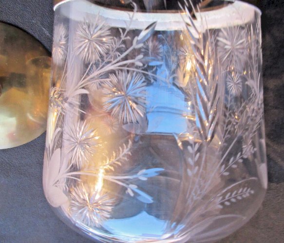 Seau à biscuits Art Nouveau, pot en cristal ciselé de blé, armature métal doré
