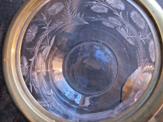 Seau à biscuits Art Nouveau, pot en cristal ciselé de blé, armature métal doré