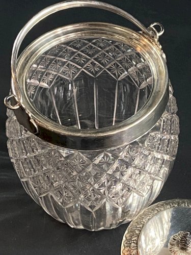 Seau à biscuits cristal taillé Baccarat Saint Louis monture métal argenté Empire
