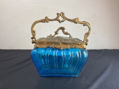 Blue glass Art Nouveau rectangular cookie jar.