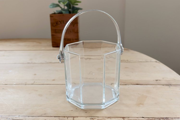 Seau à glace vintage en verre transparent avec poignée chromée