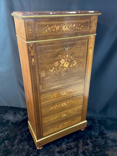 Secrétaire de dame XIXe à décor floral richement marqueté Napoléon III