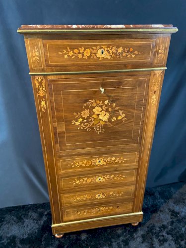 Secrétaire de dame XIXe à décor floral richement marqueté Napoléon III