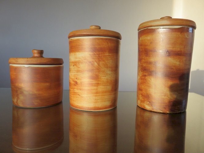 SERIE 3 POTS POTERIE DE LA COLOMBE EN GRES TACHISTE ANNEES 50 60