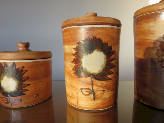 SERIE 3 POTS POTERIE DE LA COLOMBE EN GRES TACHISTE ANNEES 50 60