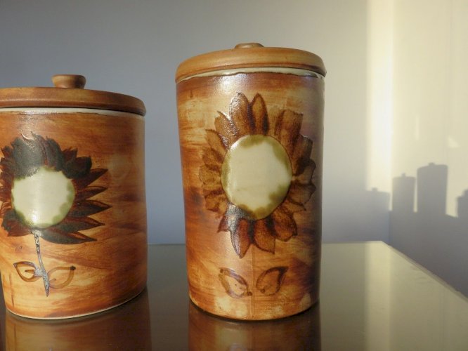 SERIE 3 POTS POTERIE DE LA COLOMBE EN GRES TACHISTE ANNEES 50 60