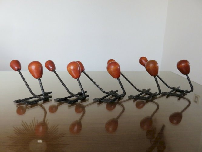 SERIE DE 5 PORTE MANTEAUX MURAUX SCANDINAVES 2 PATERES BOIS ANNEES 60 70 VINTAGE