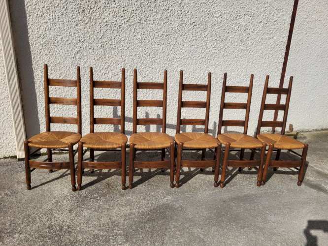SERIE DE 6 CHAISES PAILLEES STYLE BRUTALISTE