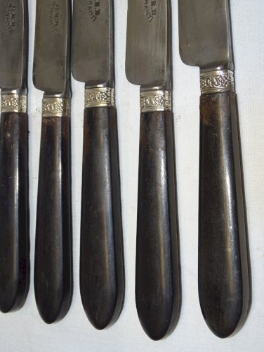 -SERIE DE 6 COUTEAUX MANCHES BOIS PEINT LAMES GRAVEES CBB GARANTI VIROLES ARGENT