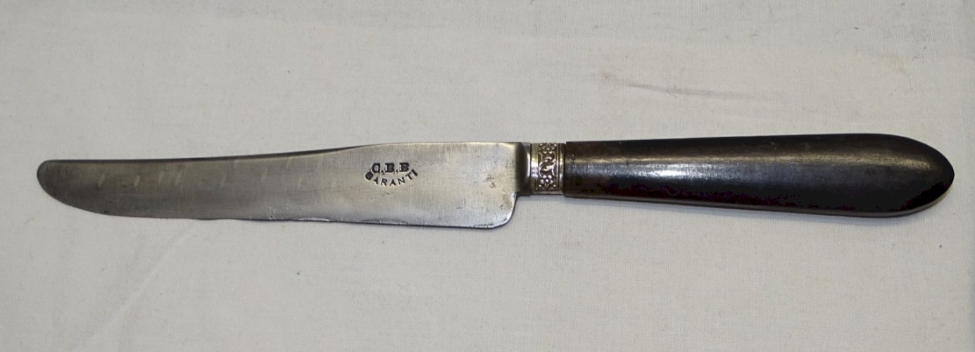-SERIE DE 6 COUTEAUX MANCHES BOIS PEINT LAMES GRAVEES CBB GARANTI VIROLES ARGENT