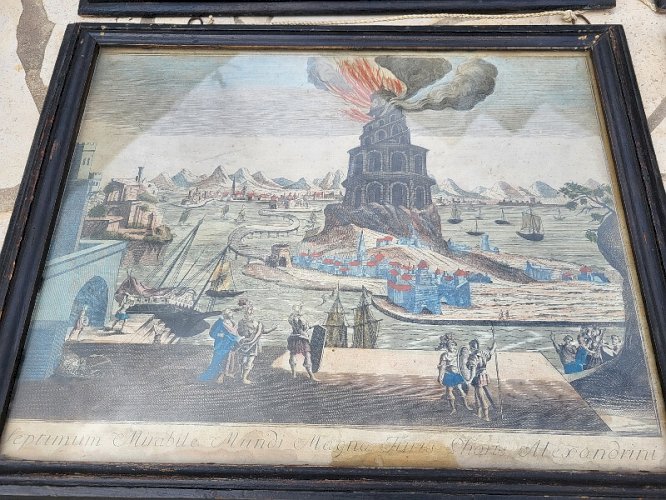 SERIE DE 7 CADRES AVEC GRAVURES ECRIT EN LATIN 7 MERVEILLES DU MONDE DU XVII è