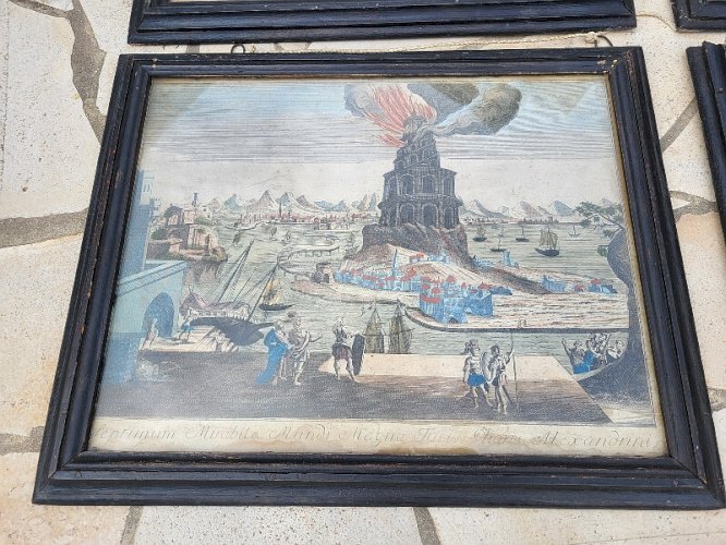 SERIE DE 7 CADRES AVEC GRAVURES ECRIT EN LATIN 7 MERVEILLES DU MONDE DU XVII è