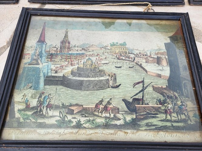 SERIE DE 7 CADRES AVEC GRAVURES ECRIT EN LATIN 7 MERVEILLES DU MONDE DU XVII è